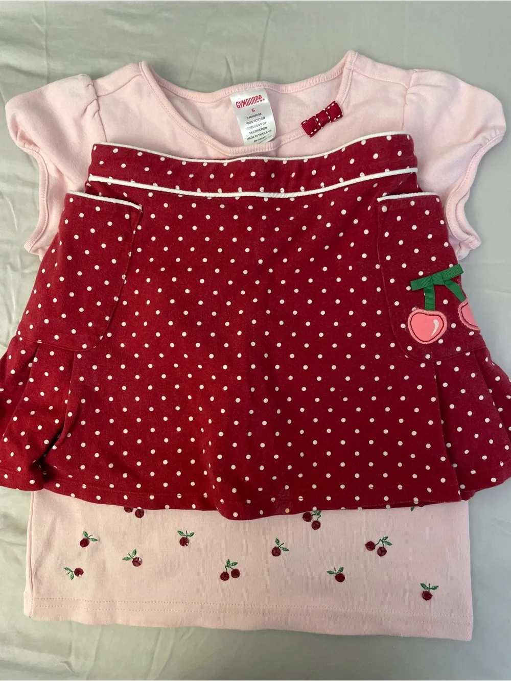 Gymboree Cotton Light Pink Cherry Tee with Red Polka Dot Skort Outfit Set Sz 5